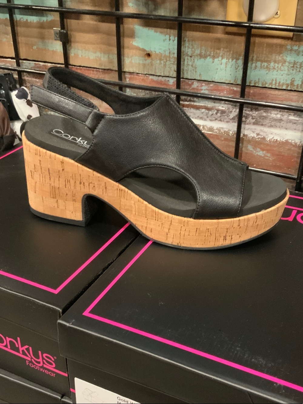 Corkys Black Faux Leather Cork Platform Slingback Wedge